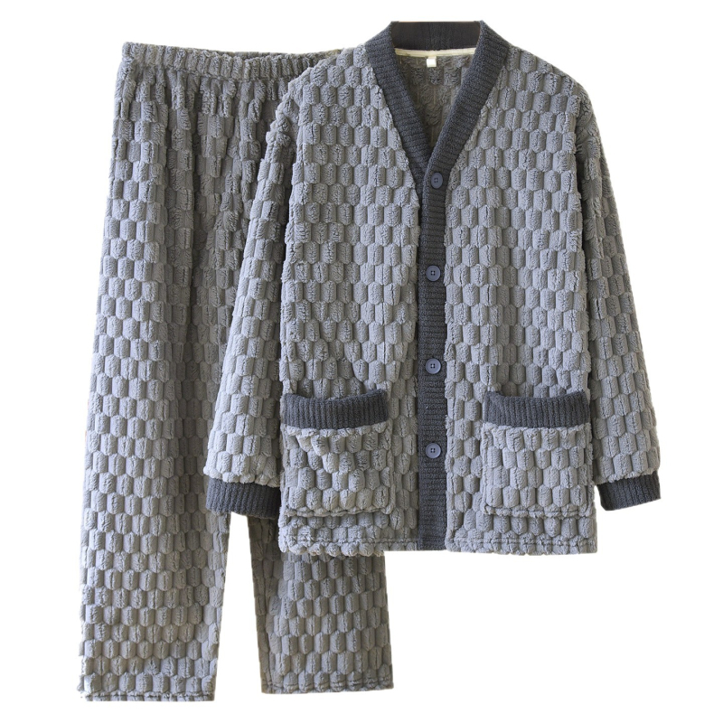 Muški flanel pidžama set, 100% poliester, ekstra debeli, V-izrez, dugi rukavi