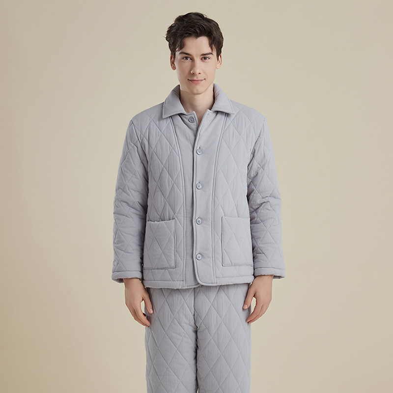 Muški zimski kućni komplet: tri sloja pletiva fleece-a i pamuka; kardigan stil; dugi rukavi; hlače (tri sloja fleece-a i pamuka; kardigan stil; dugi rukavi; hlače)