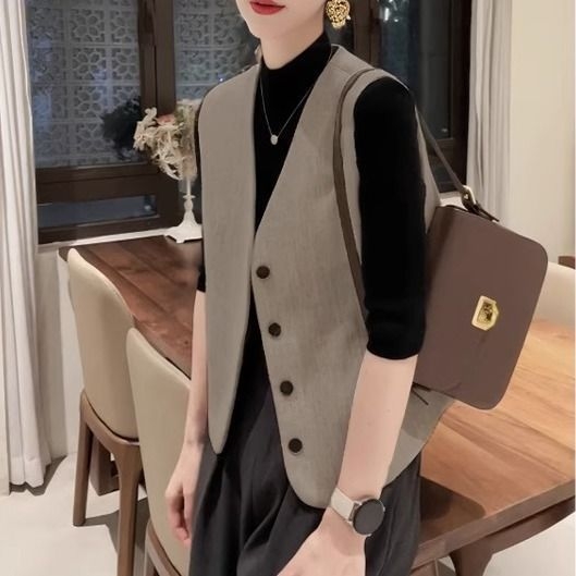 Női ujjatlan mellény francia stílusban, ultra rövid hosszúság (≤40 cm), V-nyakú, rayon anyag gyapjú töltettel, 2025 tavasz