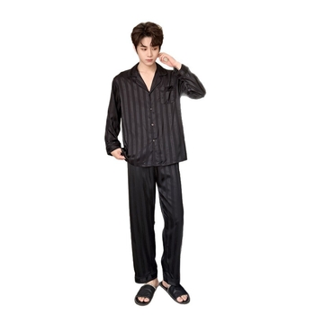 Férfi jégselyem pizsamaszett csíkos mintázattal, hosszú ujjú kardigán galléval és nadrággal, egész évben viselhető