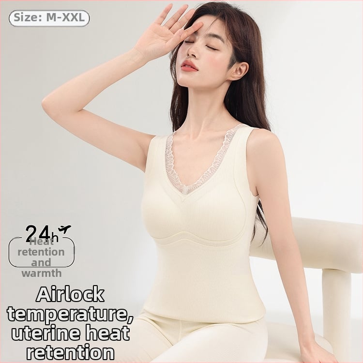 Termalna vesta s umetkom za dojke — kapuljača, bez šavova, V-izrez, jednoslojna, topla, poliester