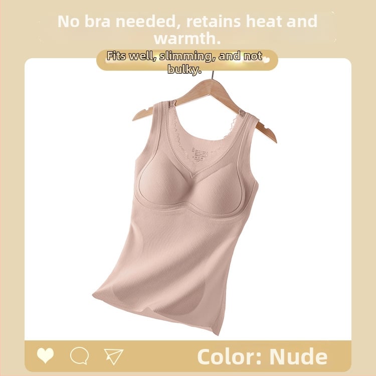 Termalna vesta s umetkom za dojke — kapuljača, bez šavova, V-izrez, jednoslojna, topla, poliester