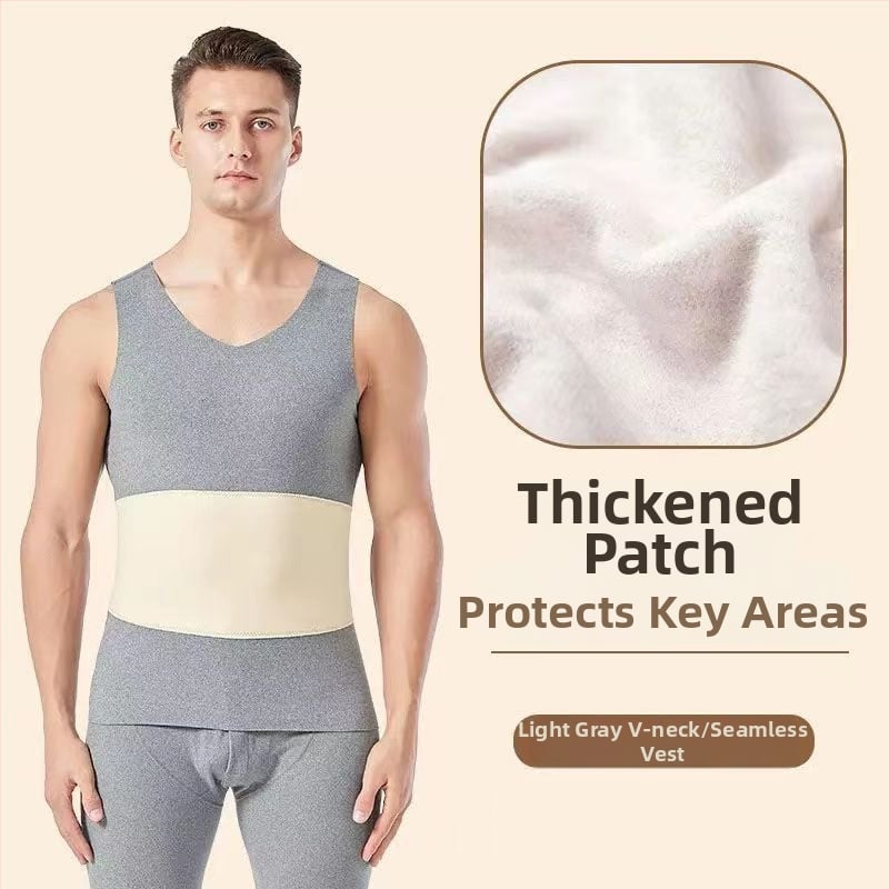 Muška termalna vest s dvostrukim slojem, fleece podstava, poliester, unutrašnji velur, V-izrez, pulover, bez šavova, zaštita struka i leđa