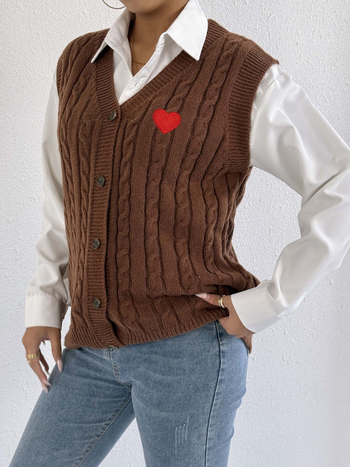 Ženski pleteni kardigan s V-izrezom, patchwork stil, uzorak ljubavi, plišasti poliester materijal 95%+, normalna silueta, zima 2025