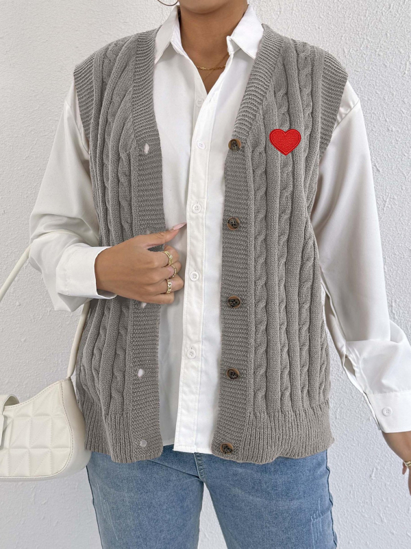 Ženski pleteni kardigan s V-izrezom, patchwork stil, uzorak ljubavi, plišasti poliester materijal 95%+, normalna silueta, zima 2025