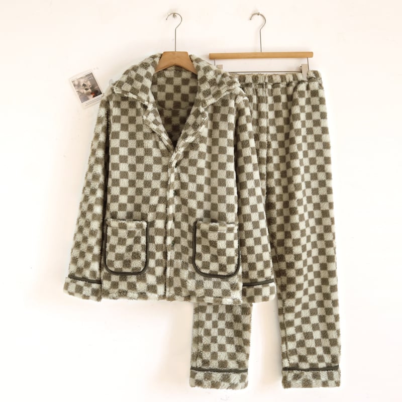 Muški zimski set pidžama od flanel, debeli koralni flis, britski karirani uzorak, plus veličina