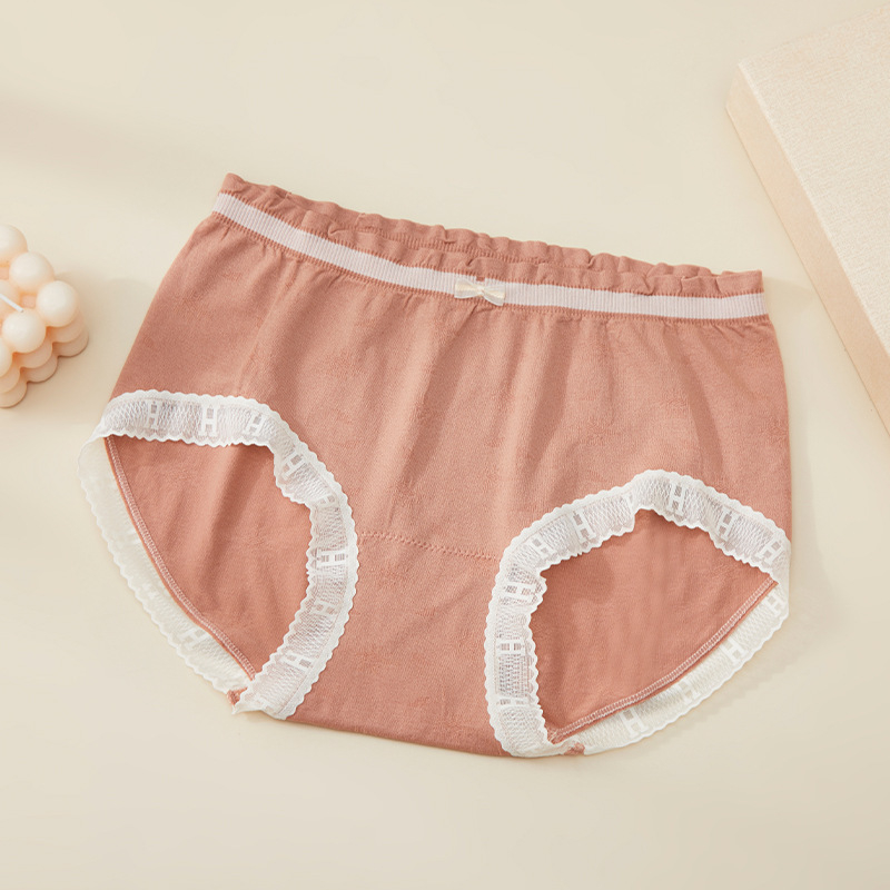 Damske gaćice srednje visoke talije – pamuk, podizanje bokova, prozračne, čipka i mašna