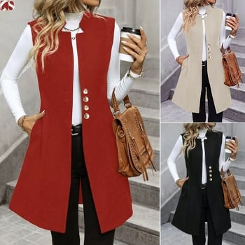 Vesta damă fără mâneci, stil urban, poliester 90-95%, guler stand, croială slim