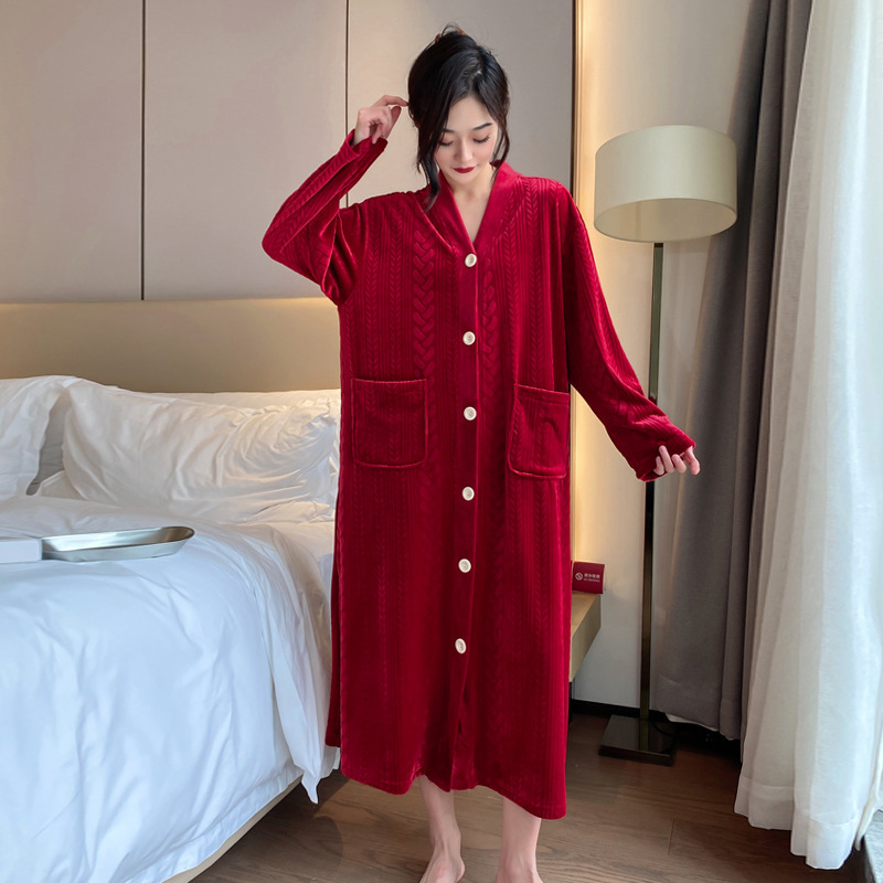 Flanel haljina za spavanje s kardigan-stilom, V-izrez, dugi rukavi, duga suknja; Materijal: flanel; Gustoća: debela (201–250 g/m²); Glavni materijal: 95–100% poliester