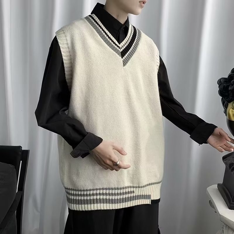 Muški bezrukavni pleteni prsluk s jesenskim color-blockingom, opuštena silueta, ulični i kolidž stil, V-izrez
