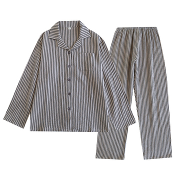 Férfi pizsama – 100% pamut, gallér Lapel, hosszú ujjú, nadrág