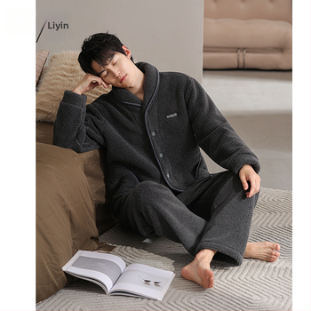 Liyin muški pidžama set od coral fleece, debeli zimski topao komad, s duljim rukavima i dugim hlačama, 100% poliester