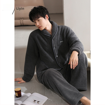 Liyin muški pidžama set od coral fleece, debeli zimski topao komad, s duljim rukavima i dugim hlačama, 100% poliester