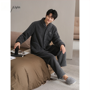 Liyin muški pidžama set od coral fleece, debeli zimski topao komad, s duljim rukavima i dugim hlačama, 100% poliester