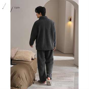 Liyin muški pidžama set od coral fleece, debeli zimski topao komad, s duljim rukavima i dugim hlačama, 100% poliester