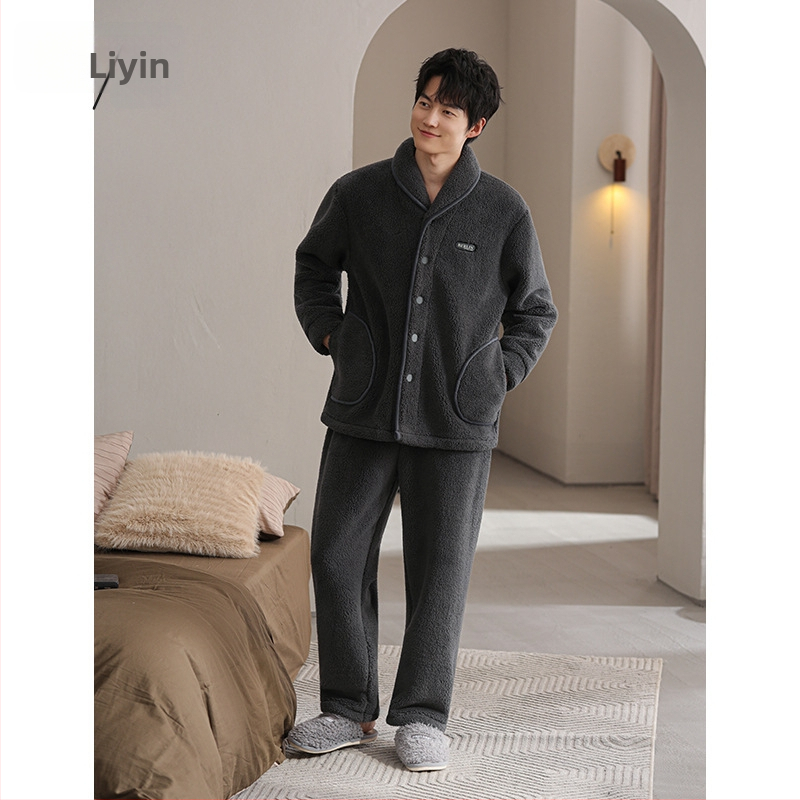 Liyin muški pidžama set od coral fleece, debeli zimski topao komad, s duljim rukavima i dugim hlačama, 100% poliester