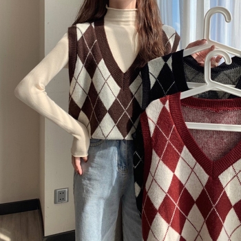 Vesta tricotată pentru femei cu decolteu în V, model pătrățel quilted, tricot din cașmir cu umplutură de bumbac