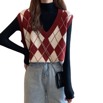 Vesta tricotată pentru femei cu decolteu în V, model pătrățel quilted, tricot din cașmir cu umplutură de bumbac