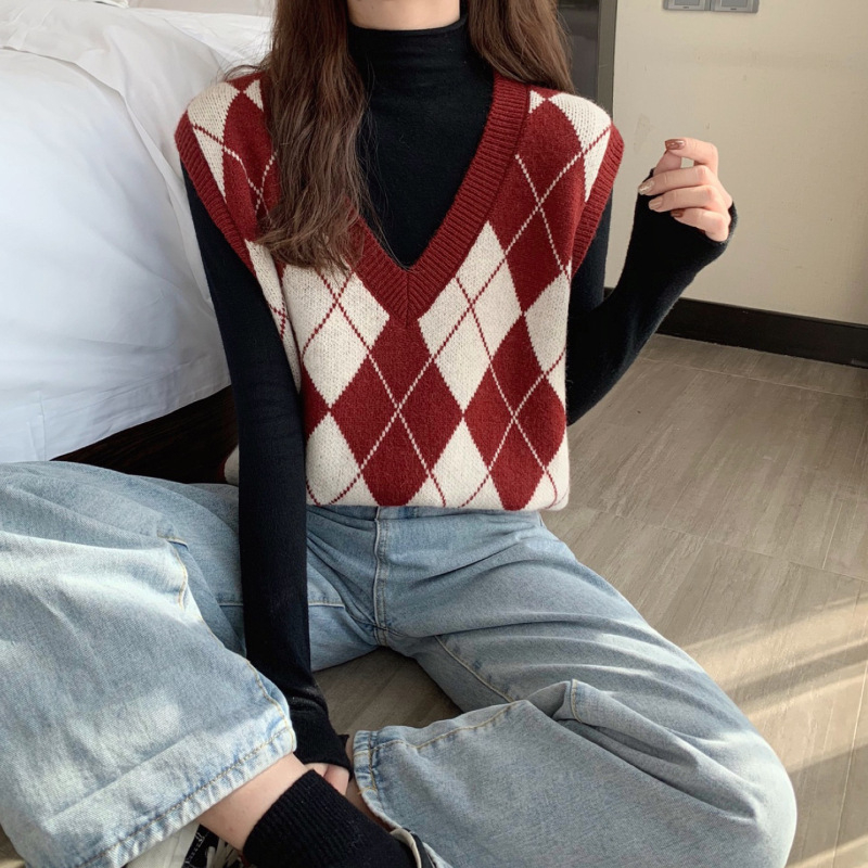 Vesta tricotată pentru femei cu decolteu în V, model pătrățel quilted, tricot din cașmir cu umplutură de bumbac