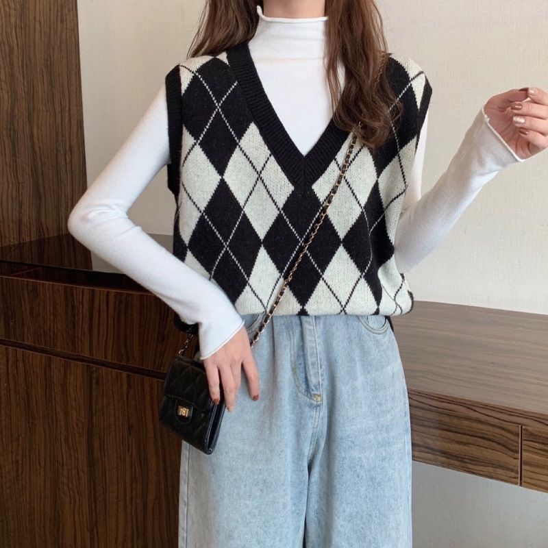 Vesta tricotată pentru femei cu decolteu în V, model pătrățel quilted, tricot din cașmir cu umplutură de bumbac