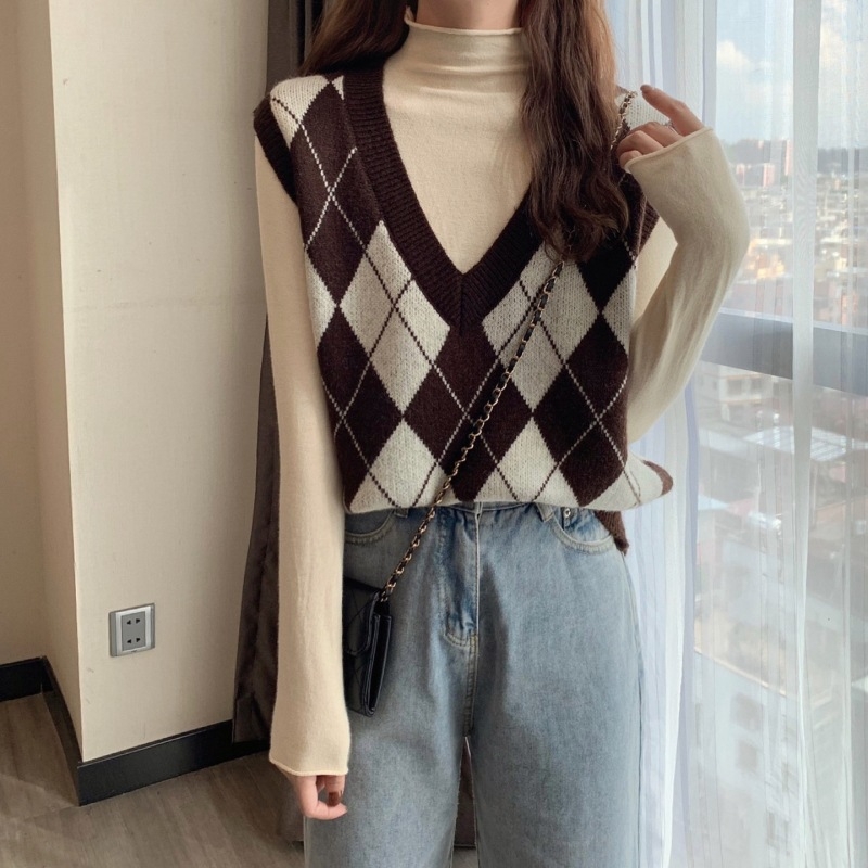 Vesta tricotată pentru femei cu decolteu în V, model pătrățel quilted, tricot din cașmir cu umplutură de bumbac