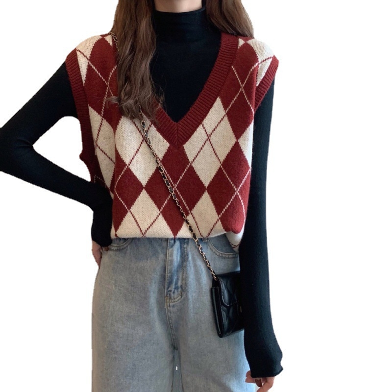 Vesta tricotată pentru femei cu decolteu în V, model pătrățel quilted, tricot din cașmir cu umplutură de bumbac