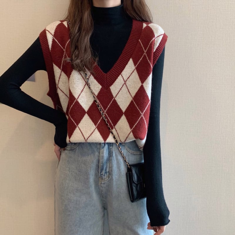 Vesta tricotată pentru femei cu decolteu în V, model pătrățel quilted, tricot din cașmir cu umplutură de bumbac