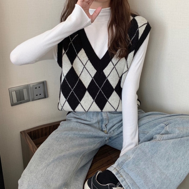 Vesta tricotată pentru femei cu decolteu în V, model pătrățel quilted, tricot din cașmir cu umplutură de bumbac