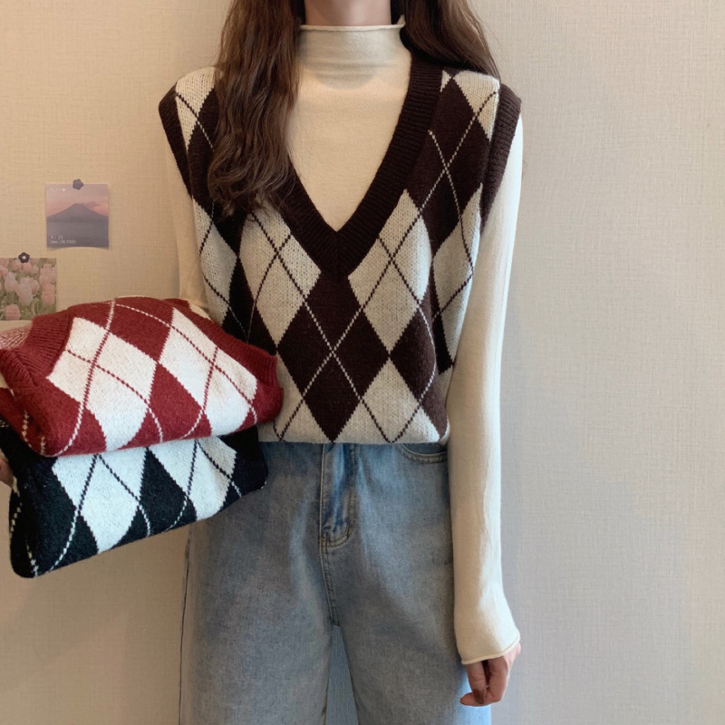 Vesta tricotată pentru femei cu decolteu în V, model pătrățel quilted, tricot din cașmir cu umplutură de bumbac