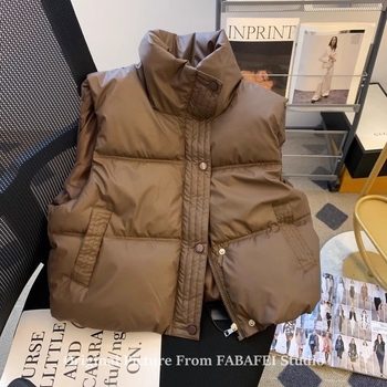 Vestă scurtă de damă, cu umplutură din bumbac-puf, guler polo, impermeabilă, pentru iarnă (2024)