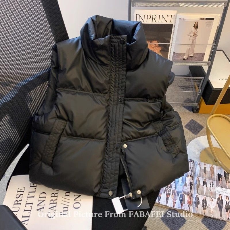 Vestă scurtă de damă, cu umplutură din bumbac-puf, guler polo, impermeabilă, pentru iarnă (2024)