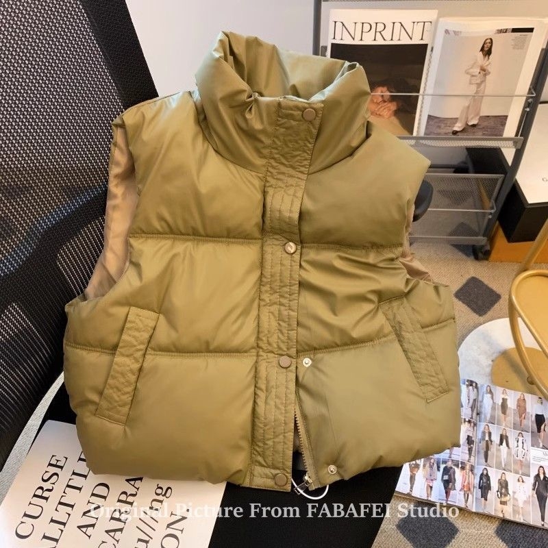 Vestă scurtă de damă, cu umplutură din bumbac-puf, guler polo, impermeabilă, pentru iarnă (2024)