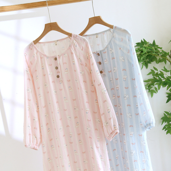 Rochie de noapte drăguță, cu mâneci lungi, lungime medie (guler rotund; 100% bumbac)