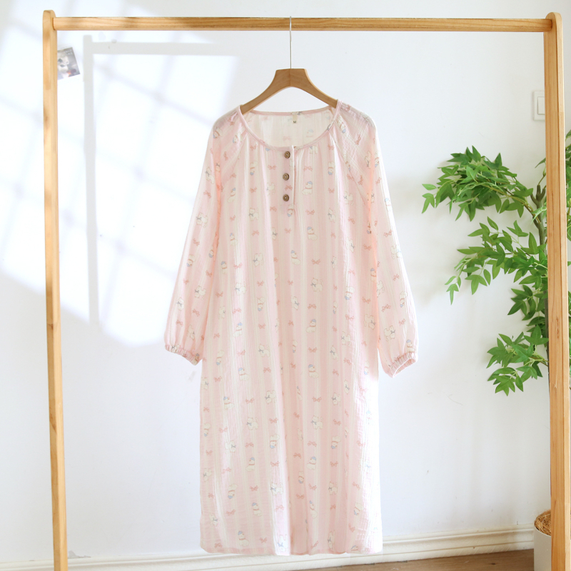 Rochie de noapte drăguță, cu mâneci lungi, lungime medie (guler rotund; 100% bumbac)