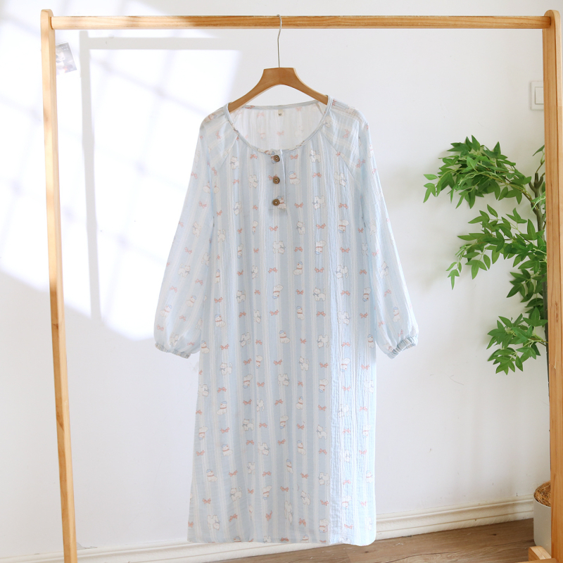 Rochie de noapte drăguță, cu mâneci lungi, lungime medie (guler rotund; 100% bumbac)