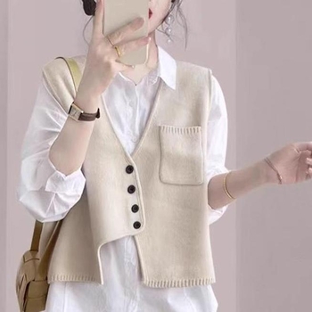 Γυναικείο ασύμμετρο γιλέκο χωρίς μανίκια, πλεκτό ρούχο φθινοπωρινό-χειμερινό 2025, V-λαιμό, μείγμα πολυεστέρα-βισκόζη