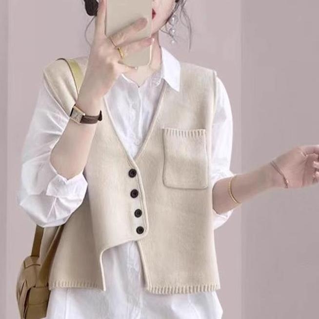 Γυναικείο ασύμμετρο γιλέκο χωρίς μανίκια, πλεκτό ρούχο φθινοπωρινό-χειμερινό 2025, V-λαιμό, μείγμα πολυεστέρα-βισκόζη