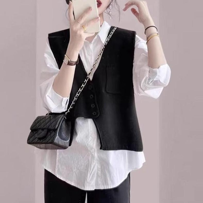 Γυναικείο ασύμμετρο γιλέκο χωρίς μανίκια, πλεκτό ρούχο φθινοπωρινό-χειμερινό 2025, V-λαιμό, μείγμα πολυεστέρα-βισκόζη