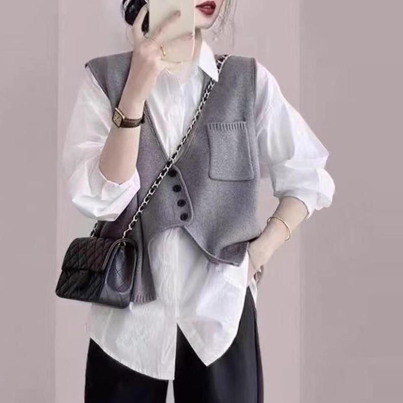 Γυναικείο ασύμμετρο γιλέκο χωρίς μανίκια, πλεκτό ρούχο φθινοπωρινό-χειμερινό 2025, V-λαιμό, μείγμα πολυεστέρα-βισκόζη