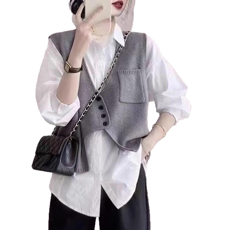 Γυναικείο ασύμμετρο γιλέκο χωρίς μανίκια, πλεκτό ρούχο φθινοπωρινό-χειμερινό 2025, V-λαιμό, μείγμα πολυεστέρα-βισκόζη