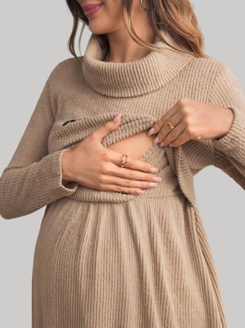 Φόρεμα εγκύου για θηλασμό με άνοιγμα θηλασμού, Α-γραμμή, μακριά μανίκια, ψηλή λαιμόκοψη, πολυεστέρας 95%+