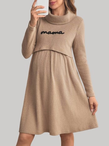 Φόρεμα εγκύου για θηλασμό με άνοιγμα θηλασμού, Α-γραμμή, μακριά μανίκια, ψηλή λαιμόκοψη, πολυεστέρας 95%+