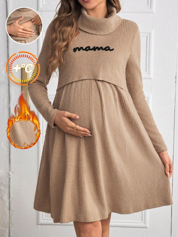 Φόρεμα εγκύου για θηλασμό με άνοιγμα θηλασμού, Α-γραμμή, μακριά μανίκια, ψηλή λαιμόκοψη, πολυεστέρας 95%+