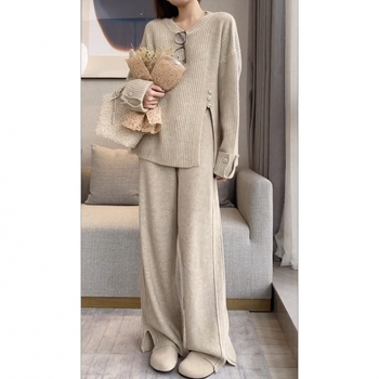 Комлект за кърмене: плетен топ с дълъг ръкав и предно отваряне за кърмене, плетани панталони, 95%+ съдържание на основната тъкан, за пролетно–есенен сезон