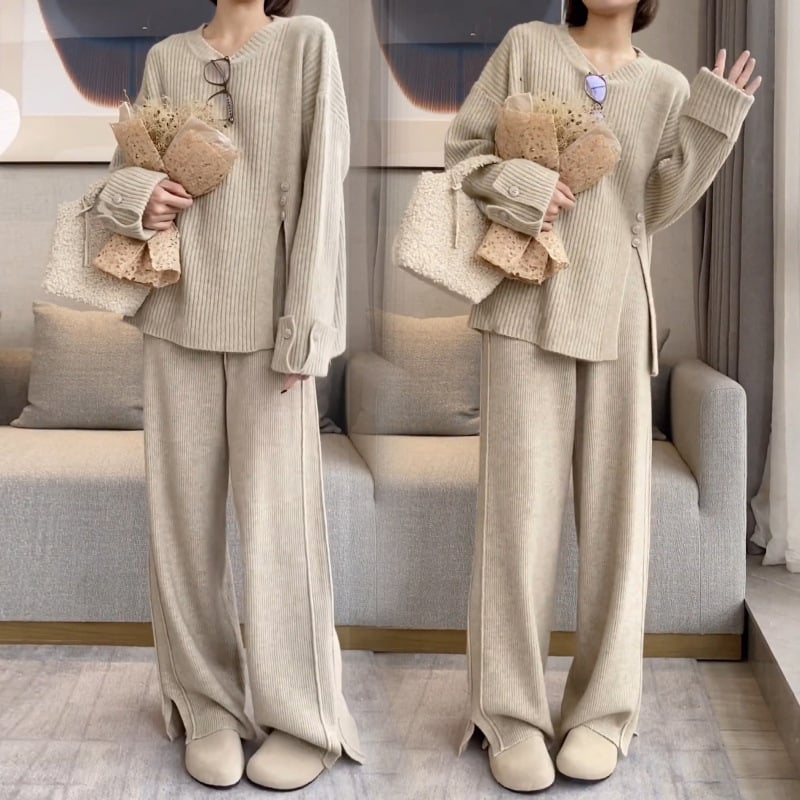 Комлект за кърмене: плетен топ с дълъг ръкав и предно отваряне за кърмене, плетани панталони, 95%+ съдържание на основната тъкан, за пролетно–есенен сезон