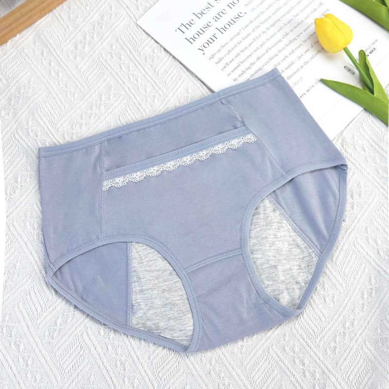 Pamukaste dame gaćice s čipkastim rubom i džepom, srednje visoke, za menstrualni period