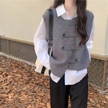 Ženski kardigan-vest za proljeće i jesen, neujednačena pletenina, okrugli izrez, umjetnički retro stil
