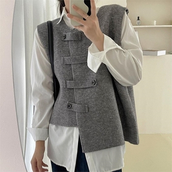 Ženski kardigan-vest za proljeće i jesen, neujednačena pletenina, okrugli izrez, umjetnički retro stil