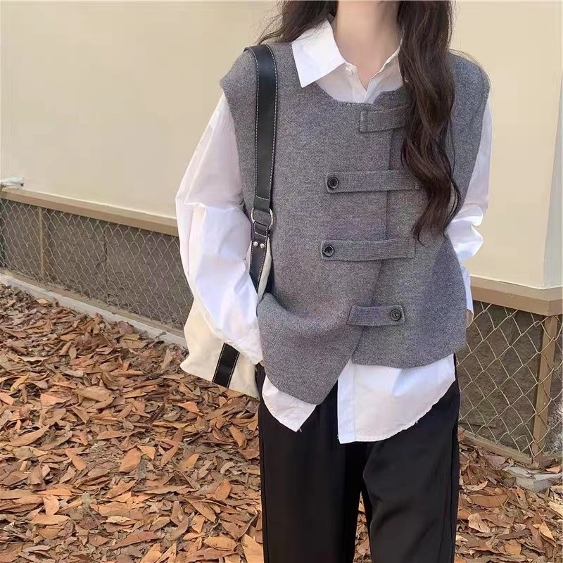 Ženski kardigan-vest za proljeće i jesen, neujednačena pletenina, okrugli izrez, umjetnički retro stil