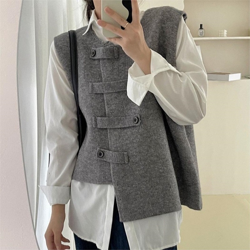 Ženski kardigan-vest za proljeće i jesen, neujednačena pletenina, okrugli izrez, umjetnički retro stil